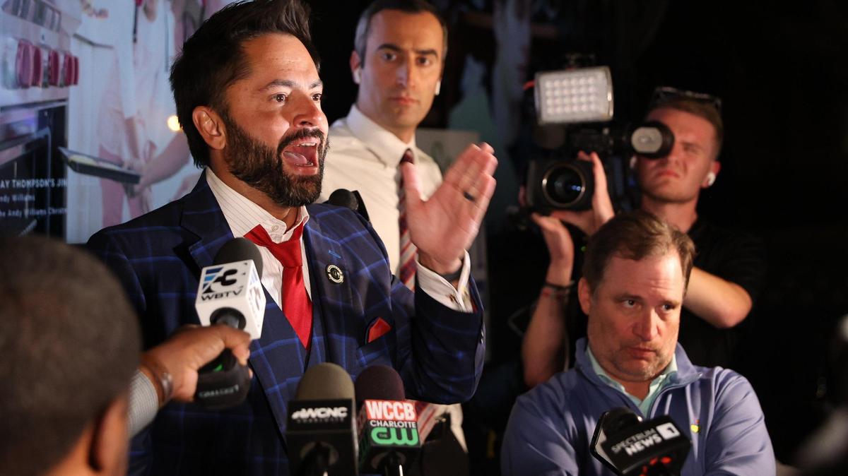 Tariq Bokhari speaks to the media after finishing atop election night tallies in the race for Charlotte City Council’s District 6 seat at Selwyn Pub in Charlotte, NC on November 7, 2023.