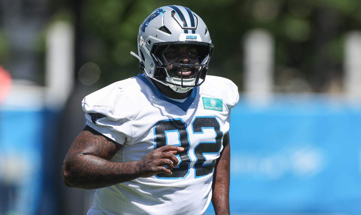 Second-round draft pick defensive tackle Lee Hunter runs through drills during the first day of practice at Panthers rookie minicamp in Charlotte on Friday, May 8, 2026.