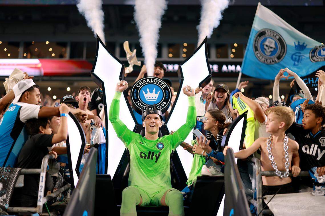 Charlotte FC goalie Kristijan Kahlina celebrates with fans after being named man of the match during the team’s regular-season finale against Philadelphia Union on Oct. 18, 2025, in Charlotte.