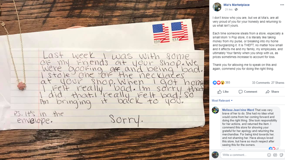 This is the letter posted by Mia’s Marketplace on its Facebook page.