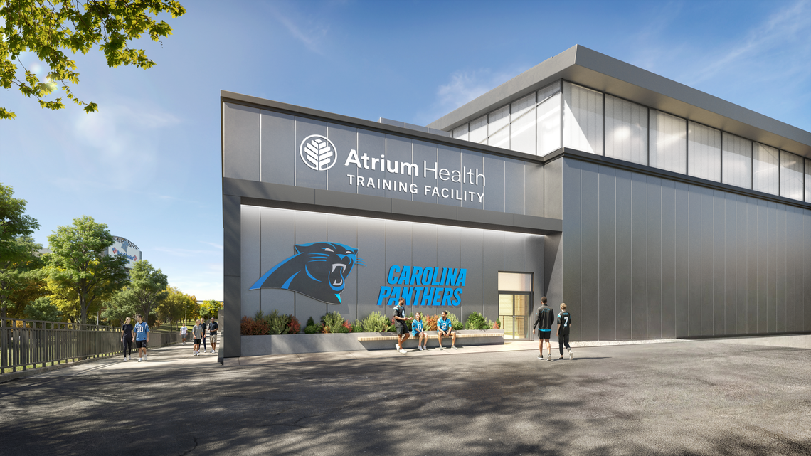 A rendering of an exterior shot of the Carolina Panthers’ new practice facility, which is scheduled to be complete and usable by 2027.