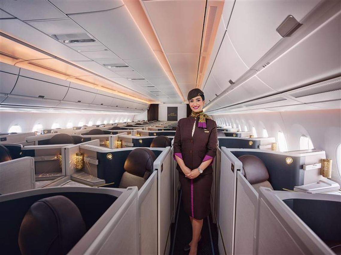 Etihad Airways’ flights between Charlotte and the United Arab Emirates will offer business passengers many in-flight services and comfortable seating. The airline is planning to launch service March 20, although it is not clear if the war in the Middle East will force those plans to change. 