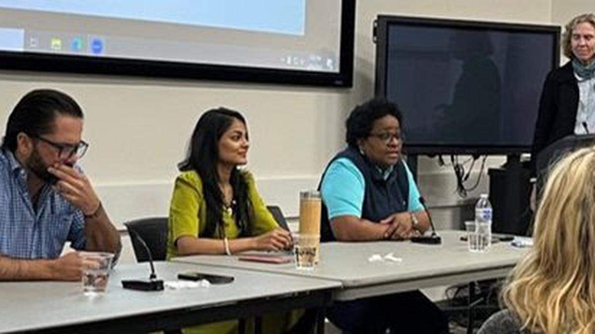 Tariq Bokhari, Dimple Ajmera and Dante Anderson speak during a panel moderated by former Mayor Jennifer Roberts during a 2025 Civics 101 session.