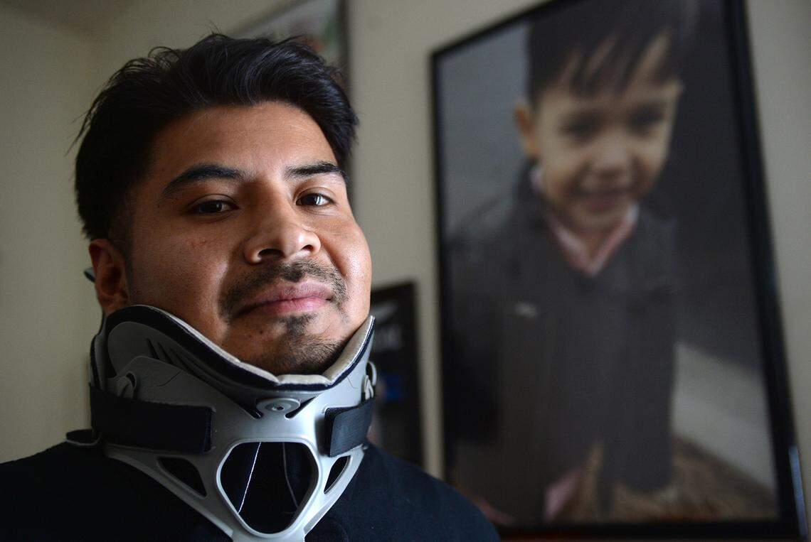 Santiago Lagunas still wears a neck brace, months after the crash that badly injured him and killed his 6-year old son, Liam.