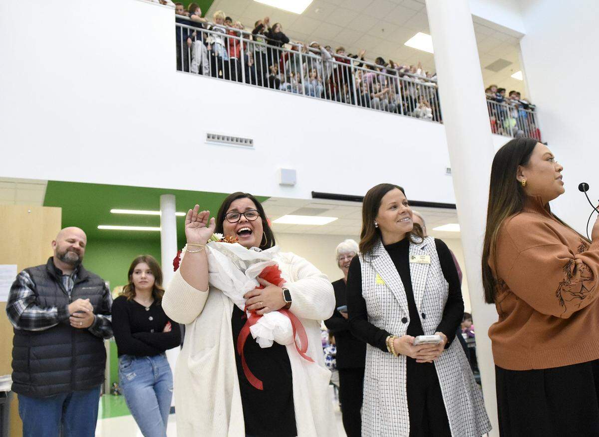 Stephanie Lane, a first grade teacher at Lake Norman Charter was recognized as the statewide Charter School Teacher of the Year.  About 600 students attended the surprise event at the school on Thursday, Dec. 11, 2025.