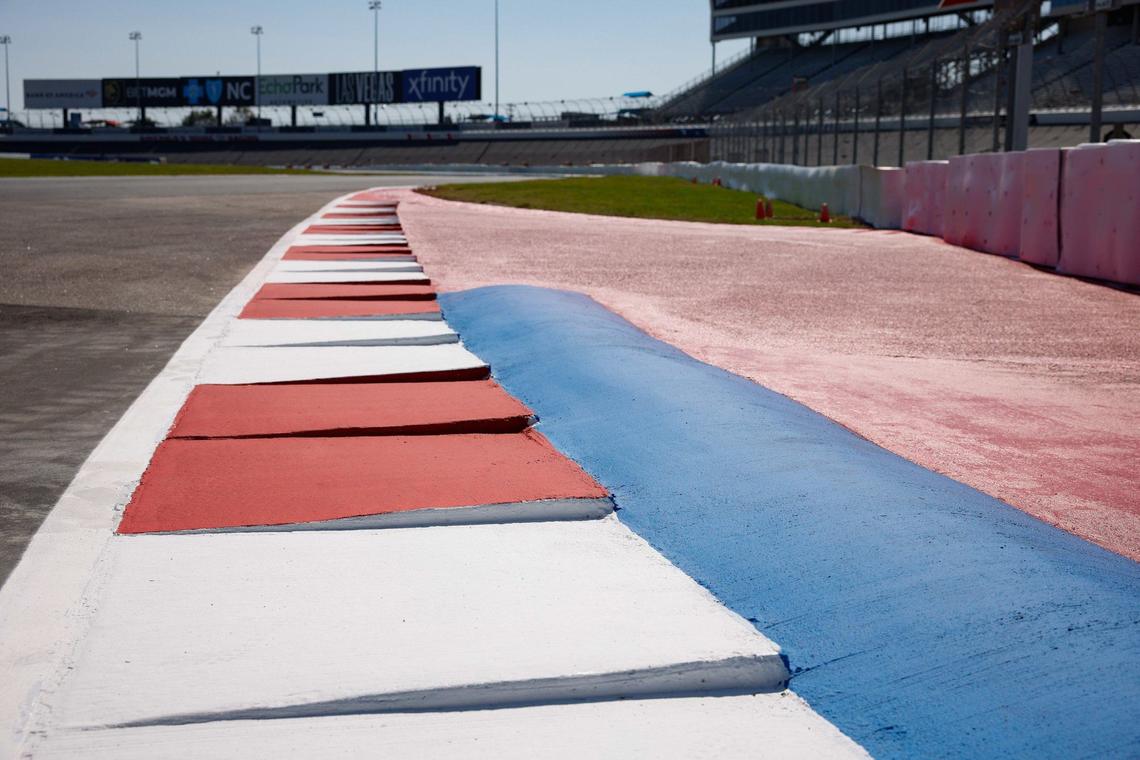 Two layers of kerbs have been added to the new 7th turn, which will be a very tight turn, so drivers know when they have veered off the track for the upcoming Roval 400 at Charlotte Motor Speedway on Tuesdday, Oct. 8, 2024.