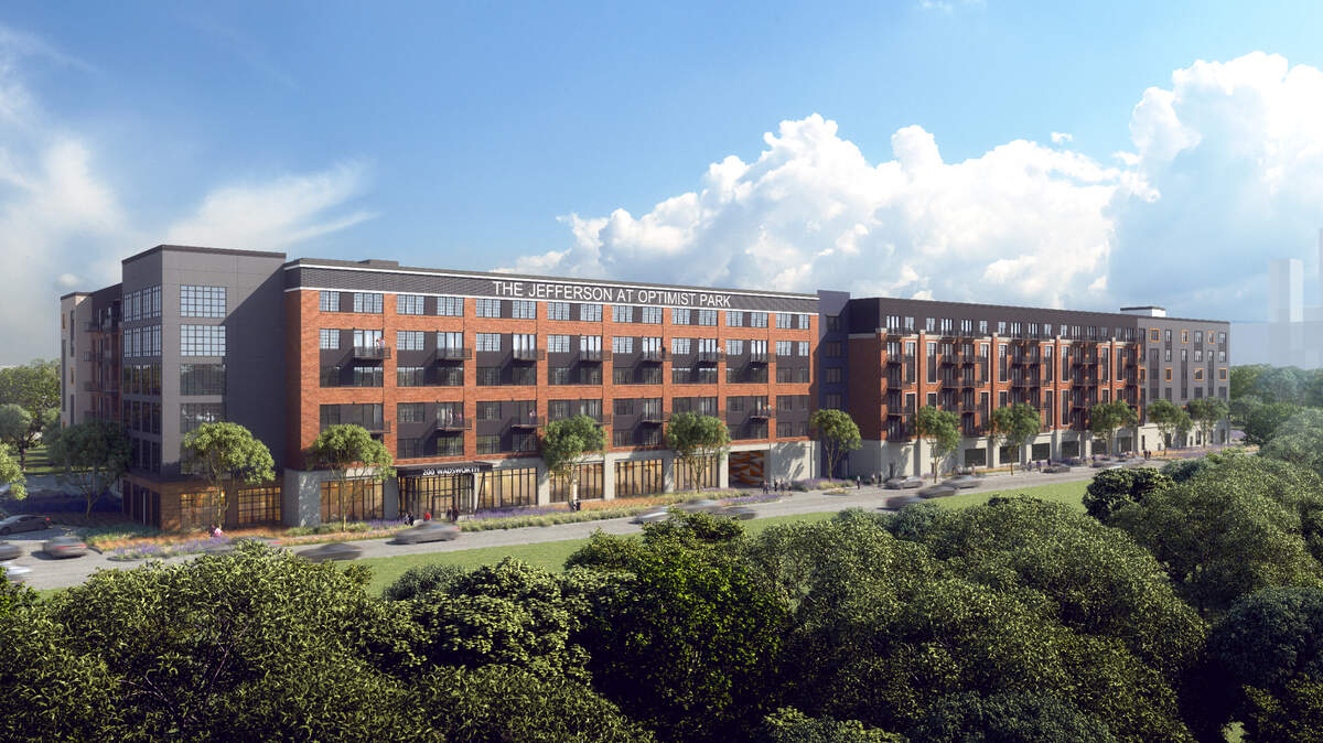 A rendering of a new 350-unit apartment project that will be built near Optimist Park. Construction is expected to start this summer. The name on the building’s facade is a placeholder and is not official.