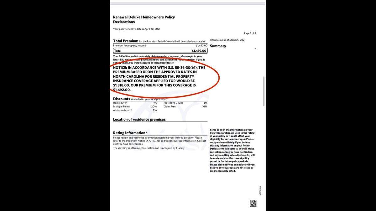 Example of a consent to rate upcharge disclaimer on a home insurance policy letter in North Carolina. 