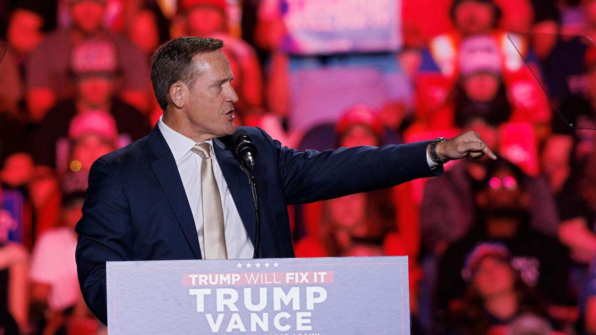 U.S. Sen. Ted Budd speaks during a campaign rally in support of former President and Republican presidential candidate Donald Trump at First Horizon Coliseum in Greensboro, N.C. on Saturday, Nov. 2, 2024. 