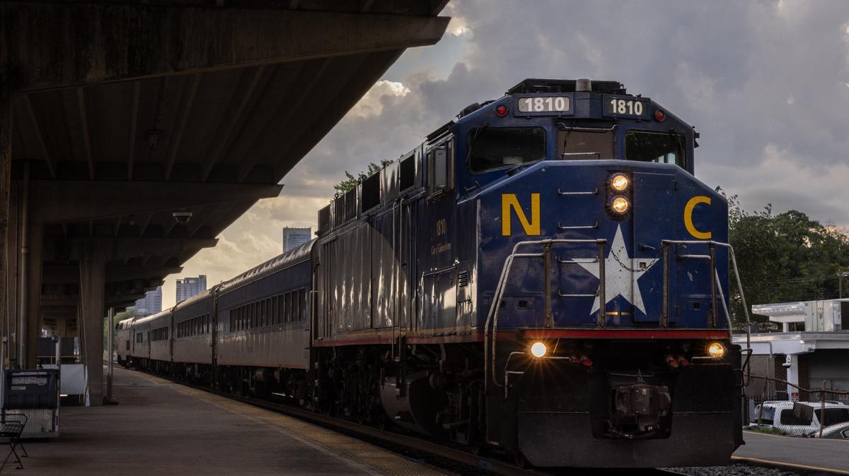 An Amtrak train makes a stop at the Charlotte Amtrak Station in Charlotte, N.C., on Tuesday, July 16, 2024.