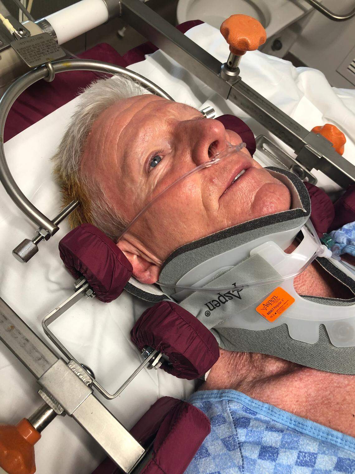 John Diggs in traction at New Hanover Medical Center in Wilmington, the morning after the accident.