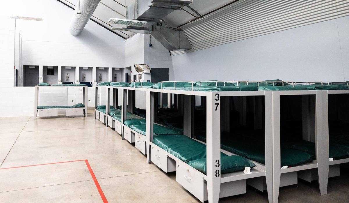 A room in the old jail annex previously used to hold inmates is used as a men’s locker room at the Mecklenburg County Sheriffs Office Training Academy in Charlotte, N.C., on Thursday, June 8, 2023.