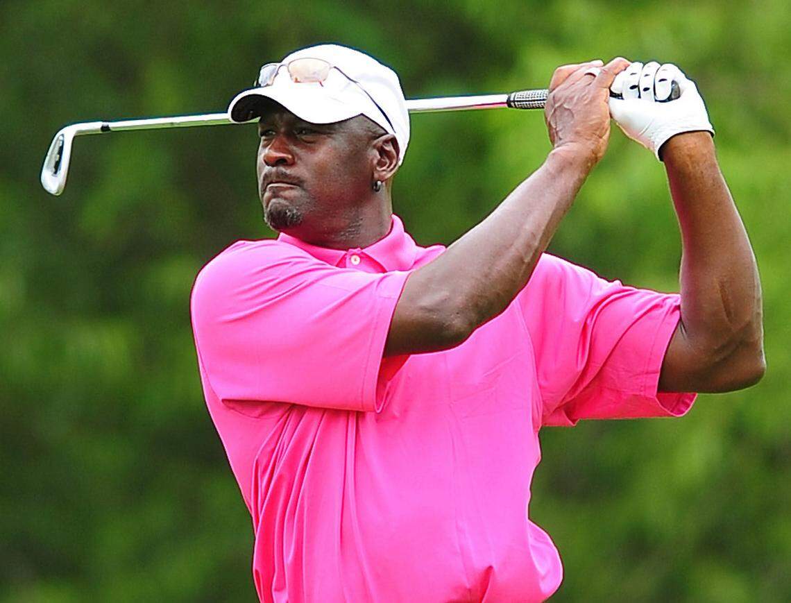 Charlotte Bobcats team owner Michael Jordan watches the flight of his ball to a green during the Hooptee Celebrity Golf Classic at the Golf Club at Ballantyne on Thursday, July 12, 2012. Jordan speaking prior to the round of golf said that he likes the team’s two draft choices and the direction provided by new head coach Mike Dunlap. Jordan also said that the team remains active in the free agent and trade market in an effort to upgrade the team’s roster.