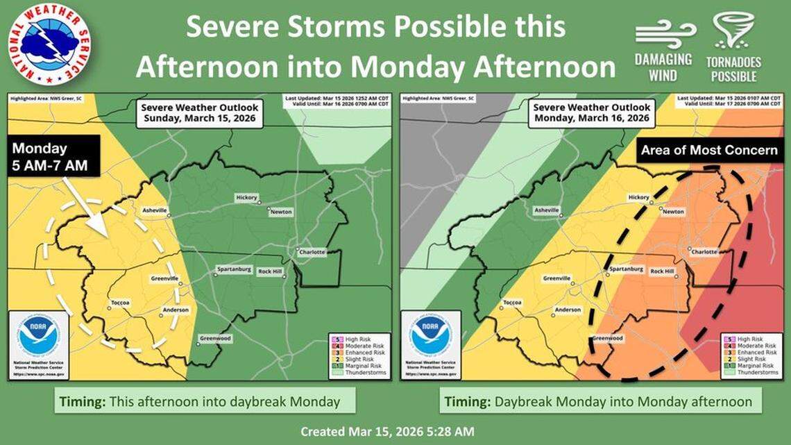 Tornadoes, ‘severe’ storms threaten Charlotte, Rock Hill. When to expect them.