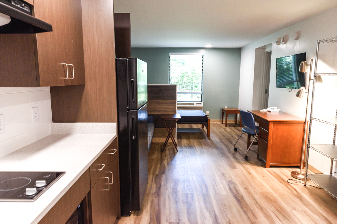 Tenants of SECU The Rise on Clanton will need to spend 30% of their income on rent, in addition to utility costs, according to Roof Above. The nonprofit turned an 88-room hotel into apartments with kitchens and other amenities.