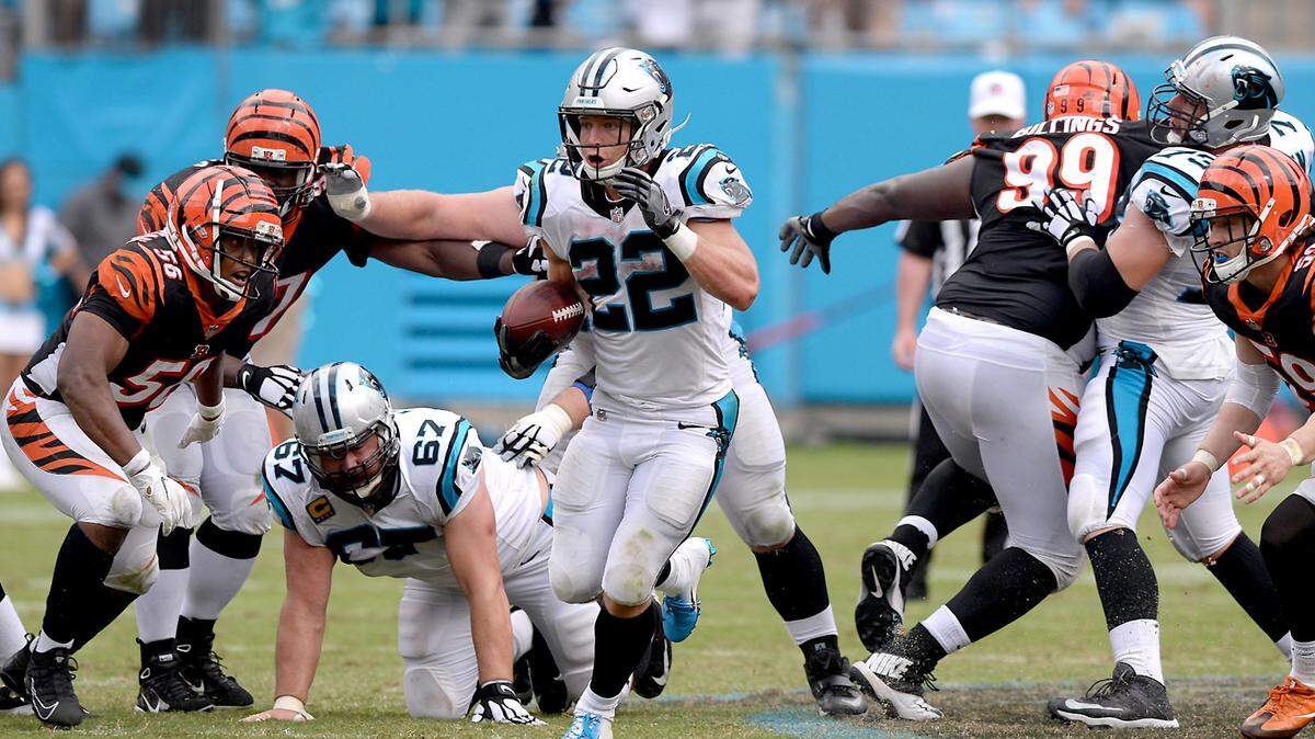 Carolina Panthers running back Christian McCaffrey, center, rushed for a career-high 184 yards on 28 carries against the Cincinnati Bengals at Bank of America Stadium in Charlotte, NC on Sunday, September 23, 2018.