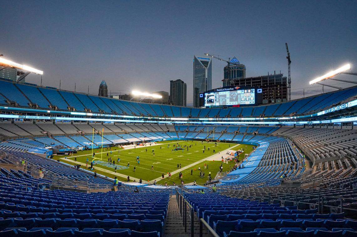 The Carolina Panthers warm up prior to their Thursday night game agains the Atlanta Falcons during Week 8 of NFL football game Thursday, October 29, 2020, in Charlotte, N.C.