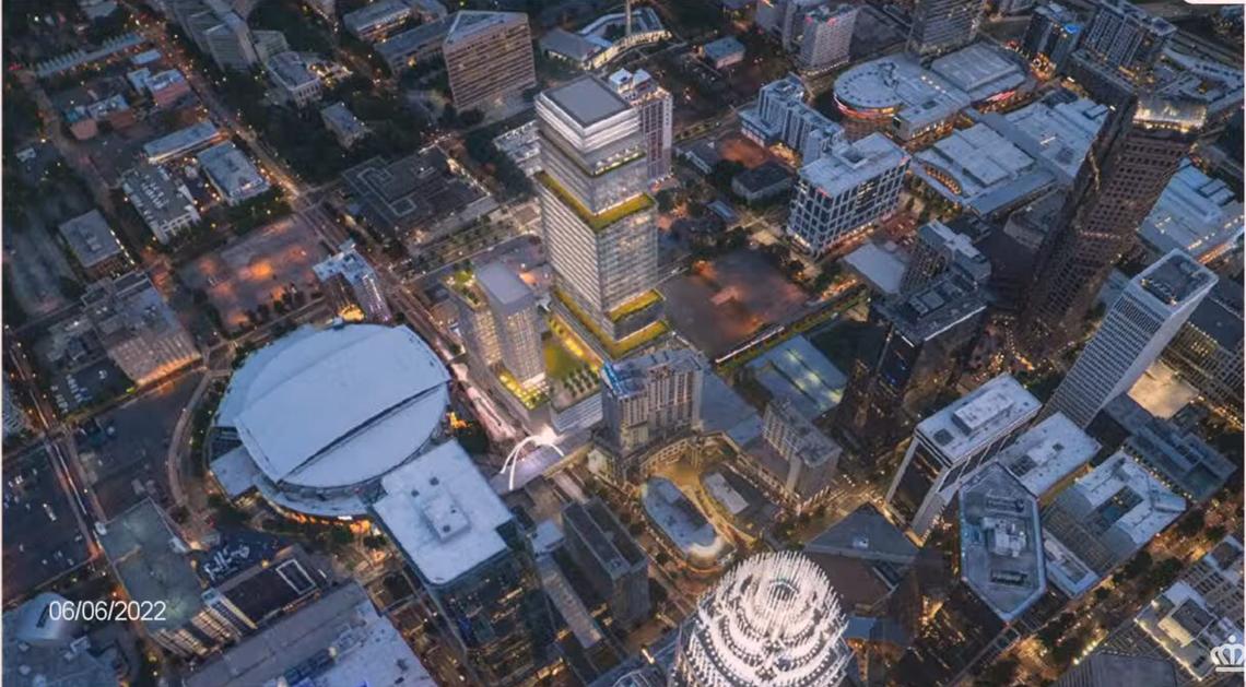 A rendering shows the proposed Charlotte Hornets practice facility, a high-rise building in place of the Charlotte Transportation Center next to the Spectrum Center.