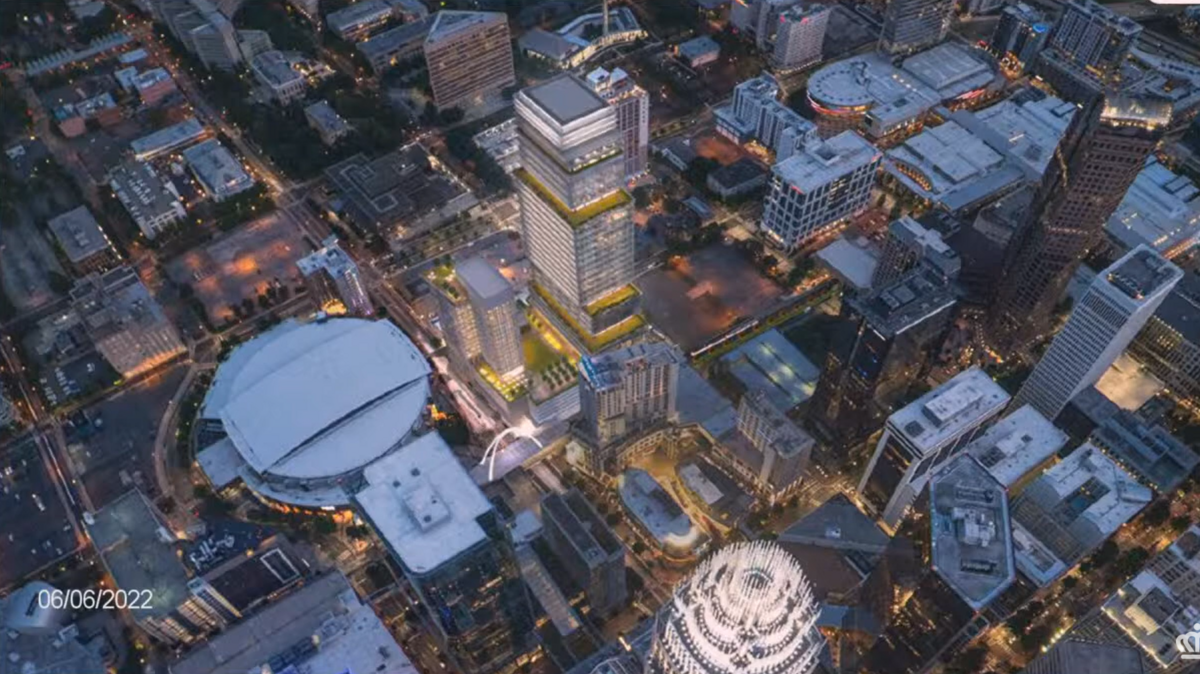 A rendering shows the proposed Charlotte Hornets practice facility, a high-rise building in place of the Charlotte Transportation Center next to the Spectrum Center.