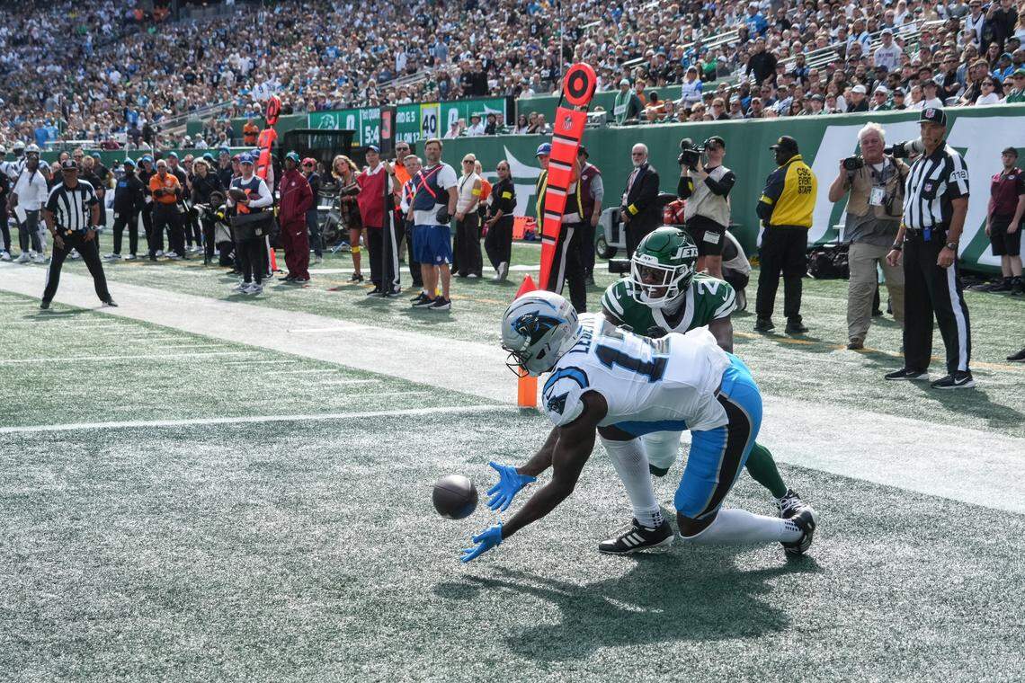 Carolina Panthers wide receiver Xavier Legette (17) drops the ball in the end zone in the first quarter against the New York Jets on Sunday in New Jersey.