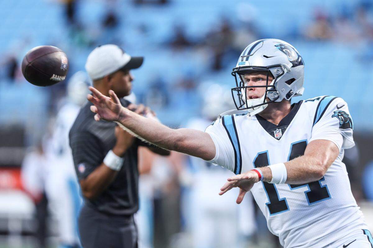 Carolina Panthers quarterback Sam Darnold throws at Bank of America Stadium in Charlotte Friday.