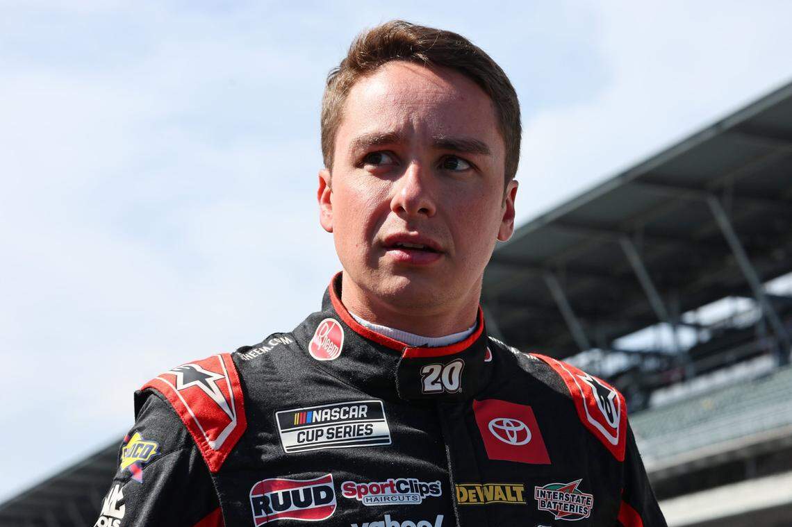 Aug 12, 2023; Speedway, Indiana, USA; NASCAR Cup Series driver Christopher Bell (20) during practice for the Verizon 200 at the Brickyard at Indianapolis Motor Speedway Road Course. Mandatory Credit: Mike Dinovo-USA TODAY Sports