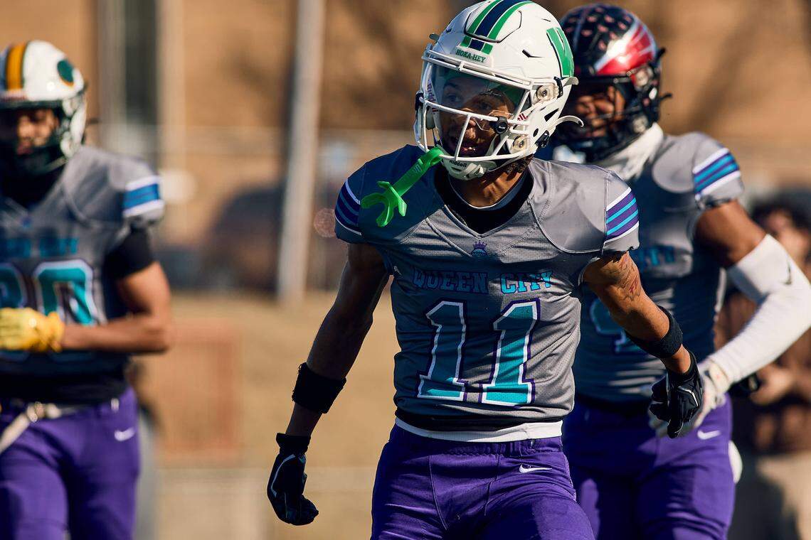 Weddington WR Jonathan Manley (11) celebrates his touchdown catch against the West Team in the Queen City Senior Bowl hosted at Olympic High School.