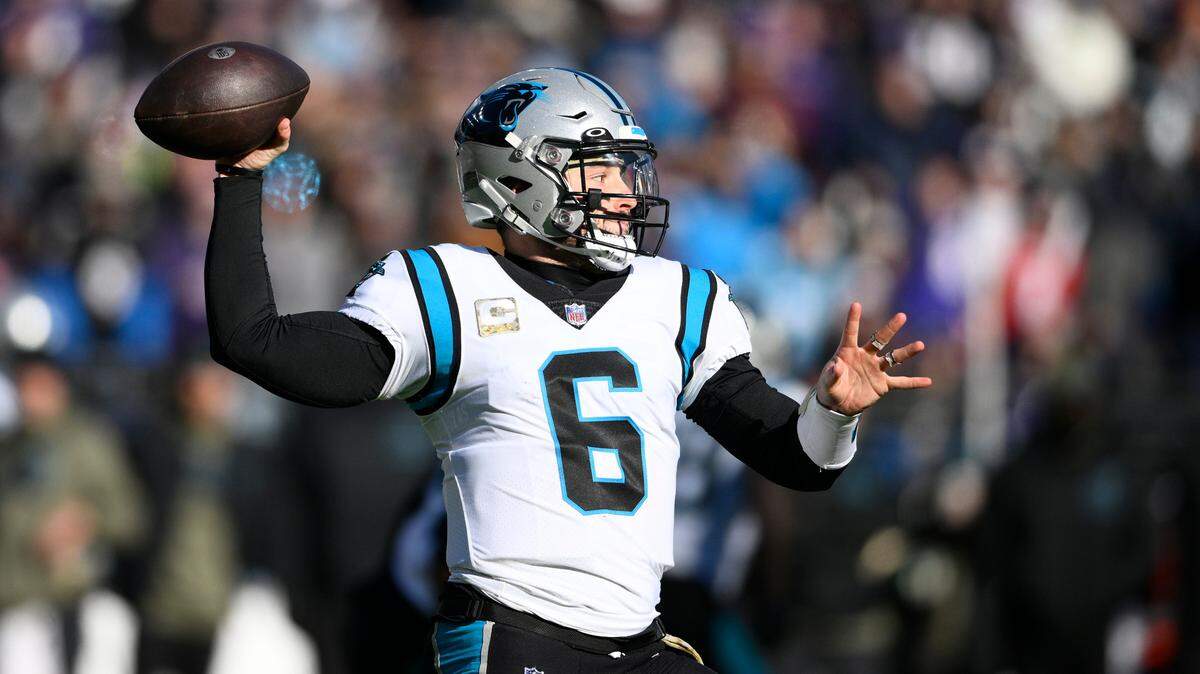 Carolina Panthers quarterback Baker Mayfield (6) makes a pass in the first half of an NFL football game against the Baltimore Ravens Sunday, Nov. 20, 2022, in Baltimore. (AP Photo/Nick Wass)