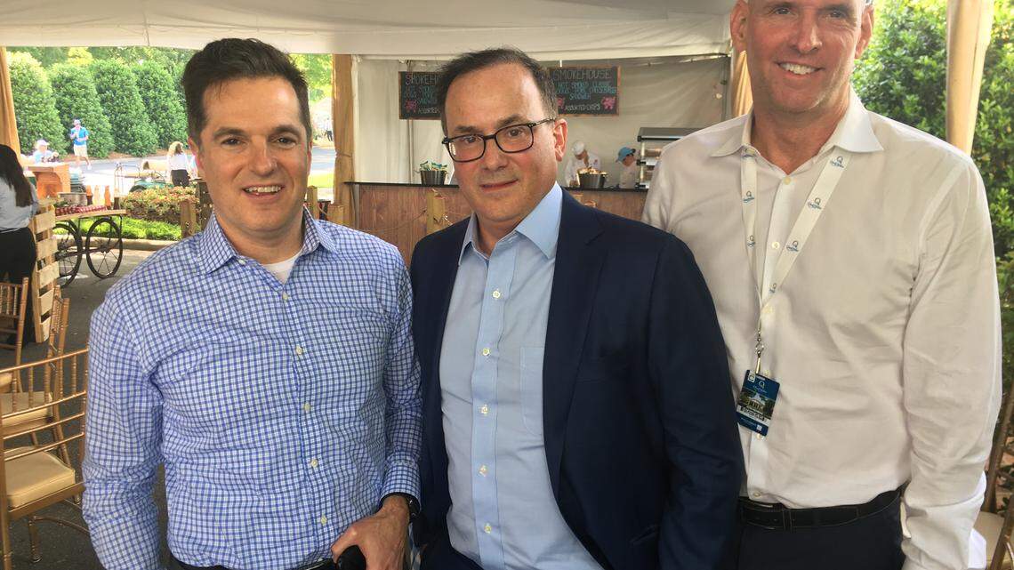 Carolina Panthers bidder Alan Kestenbaum, center, was in Charlotte Thursday for the Wells Fargo Championship. He posed for a photo with Rob Tilliss, left, founder of sports broker Inner Circle Sports, and Stewart Wallace, an investment banker with Wells Fargo Securities.