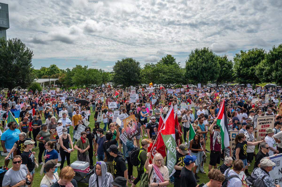 Crowds gather for the No Kings rally and march at First Ward Park in Charlotte, NC, Saturday, June 14, 2025.