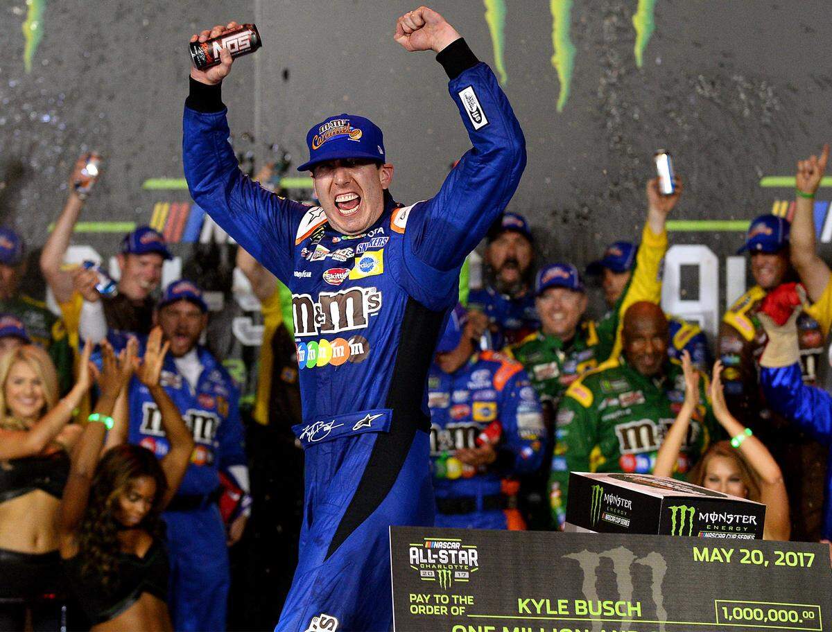 NASCAR driver Kyle Busch celebrates winning the NASCAR Monster Energy All-Star Race on Saturday, May 20, 2017 at Charlotte Motor Speedway in Concord, NC.