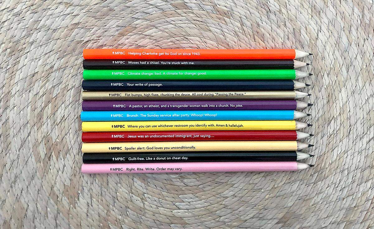 Myers Park Baptist Church is launching a new identity that will include banners, rainbow colored pencils in the church’s pews, gender-inclusive restroom signs and a logo redesign featuring stained glass in rainbow colors. The pencils include messages such as: “Climate change, bad. A climate for change, good,” and “A pastor, an atheist and a transgender woman walk into a church. No joke.” 