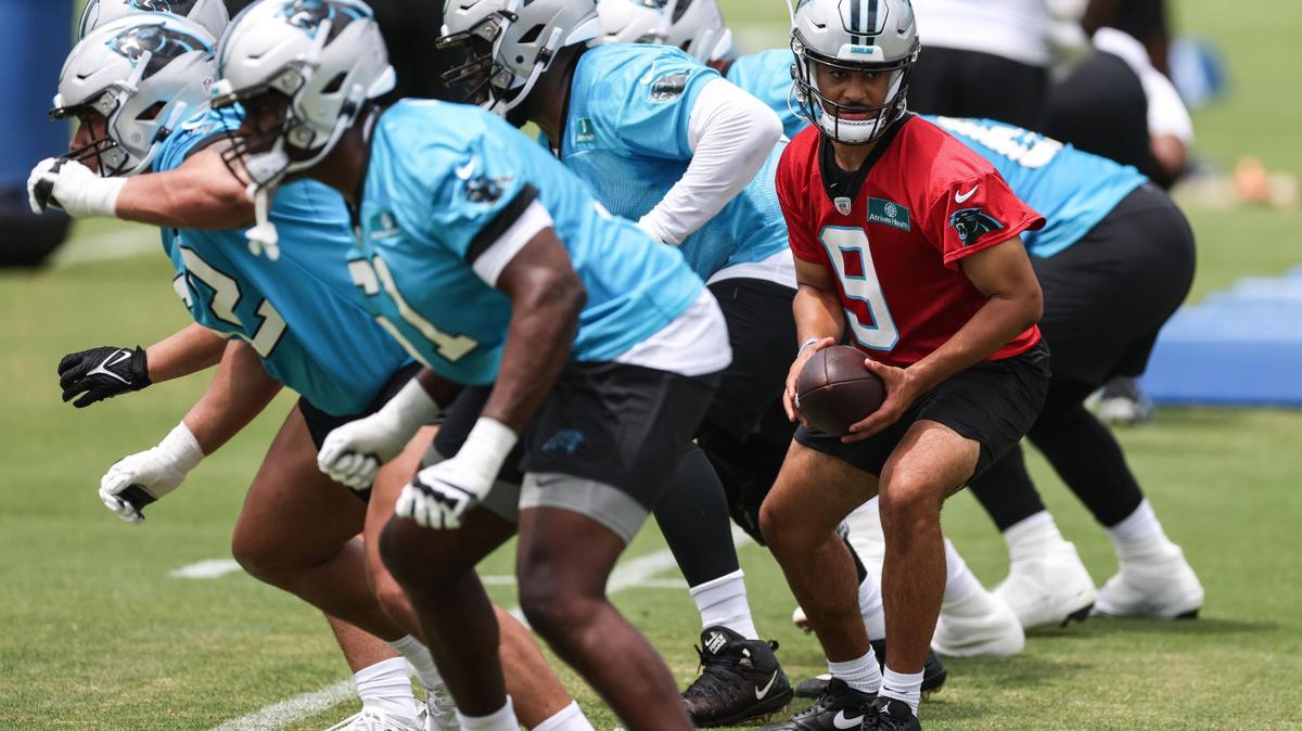 Carolina Panthers Bryce Young practices at the Carolina Panthers rookie minicamp in Charlotte on Saturday.