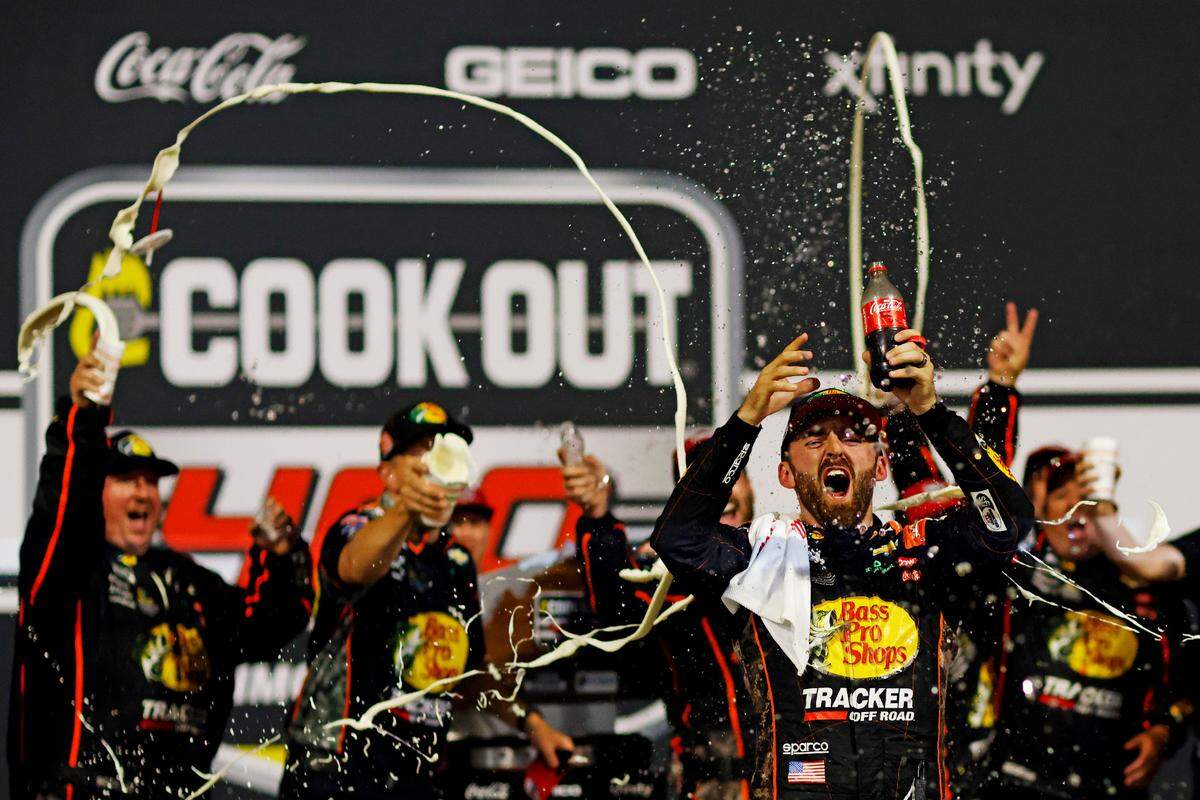 NASCAR Cup Series driver Austin Dillon celebrates winning the Cook Out 400 at Richmond Raceway in 2024. Dillon honored his friend and teammate Kyle Busch after he died Thursday with a public social media post. 