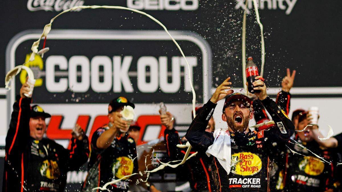 Aug 11, 2024; Richmond, Virginia, USA; NASCAR Cup Series driver Austin Dillon (3) celebrates winning the Cook Out 400 at Richmond Raceway.