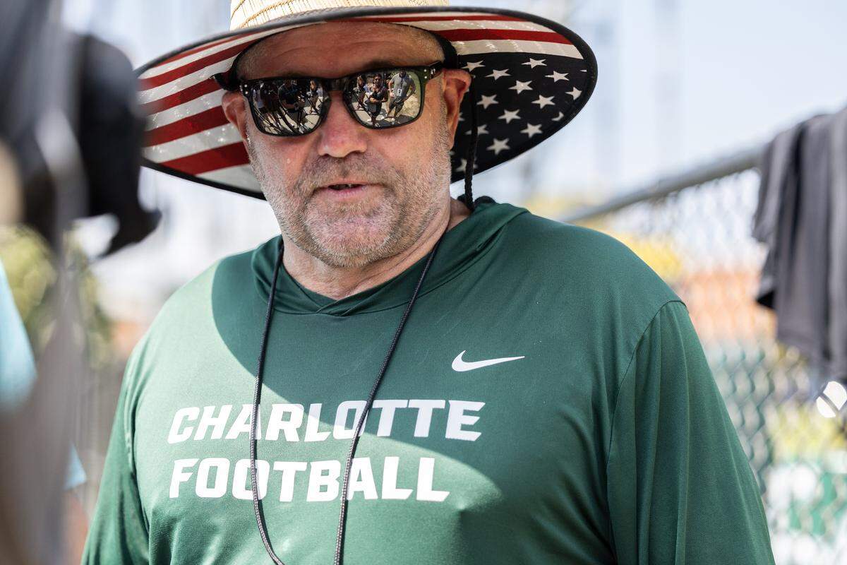 Charlotte 49ers coach Tim Ablin speaks during a press conference after the opening practice of fall football camp. 