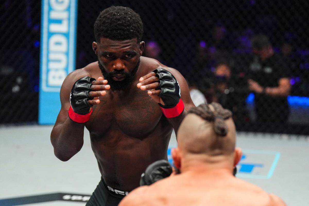 Impa Kasanganay squares off against Alex Polizzi during 2024 PFL 2 at The Theater at Virgin Hotels in Las Vegas on Friday, April 12.