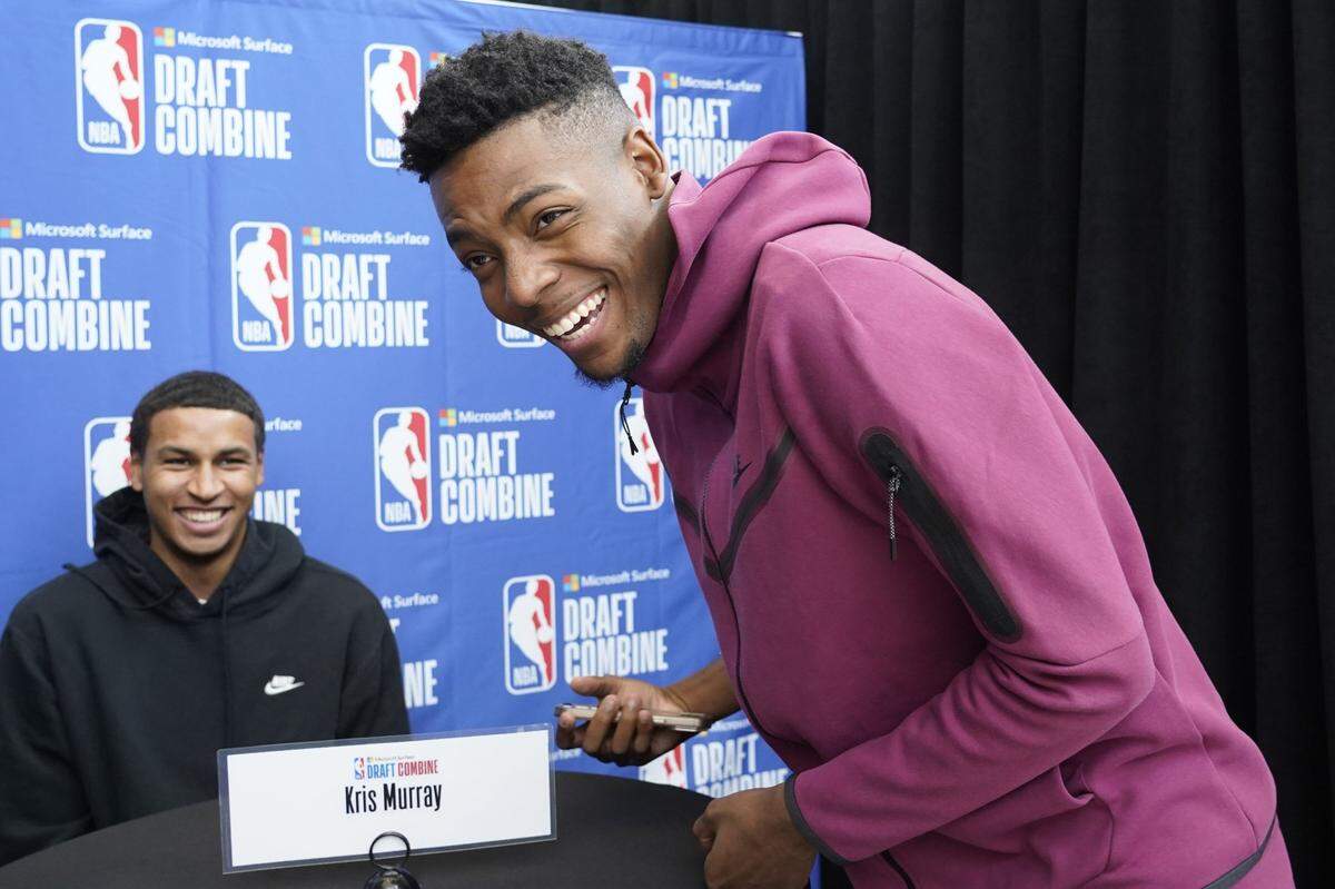 Brandon Miller (Right) interviews Kris Murray during the 2023 NBA Draft Combine at Wintrust Arena on Wednesday.
