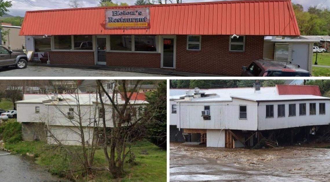 Helen’s Restaurant in Bakersville, North Carolina, was destroyed during Hurricane Helene. A wall on the lower level is gone, and the support beams for the building are also gone. Shown at top and left are Google Street View images from before the storm.