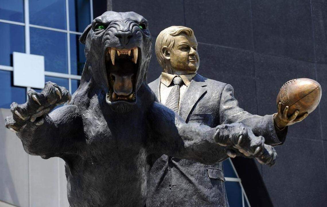 A view of the new sculpture called “The Tribute” created by California artist Todd Andrews in honor of Carolina Panthers team owner Jerry Richardson, who turned 80 on Monday, July 18, 2016. The Carolina Panthers Partners presented the sculpture to Richardson and his family during a ceremony on Monday.