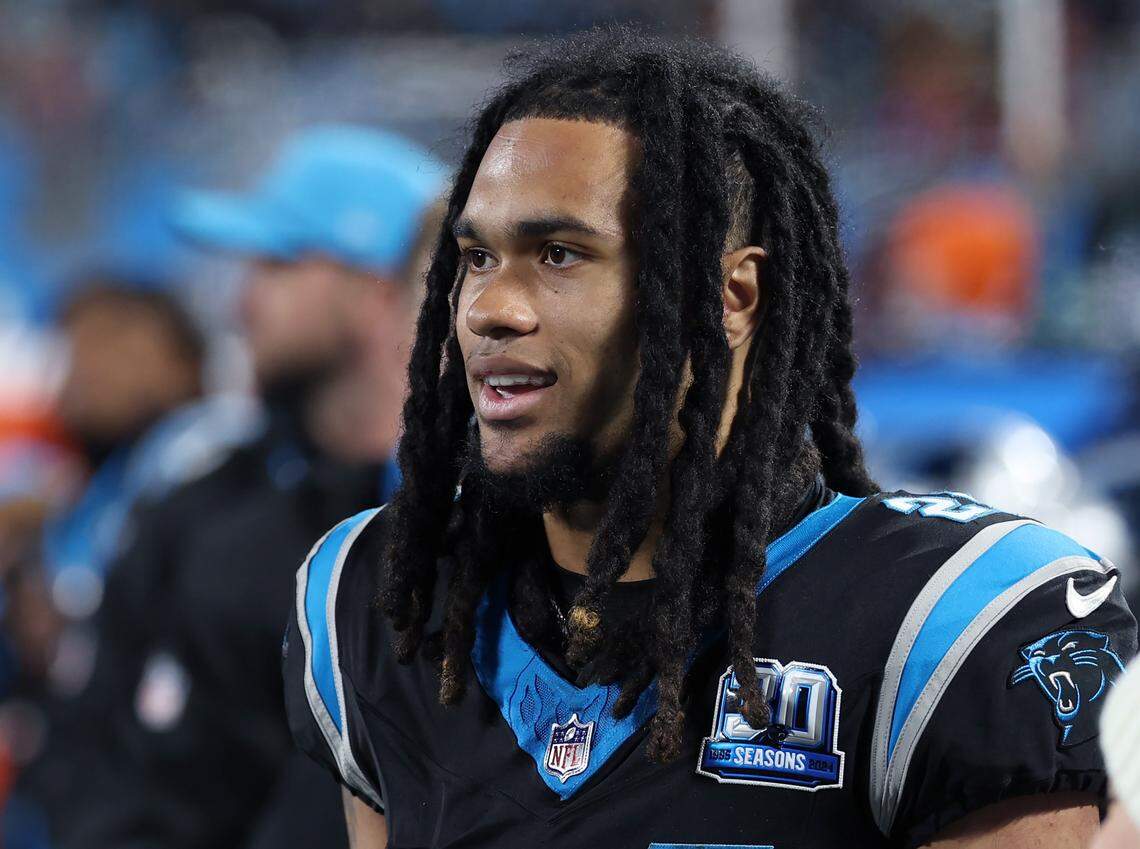 Carolina Panthers running back Jonathon Brooks walks along the team’s sideline during action against the Tampa Bay Buccaneers at Bank of America Stadium in Charlotte, NC on Sunday, December 1, 2024. The Buccaneers defeated the Panthers in overtime 26-23.