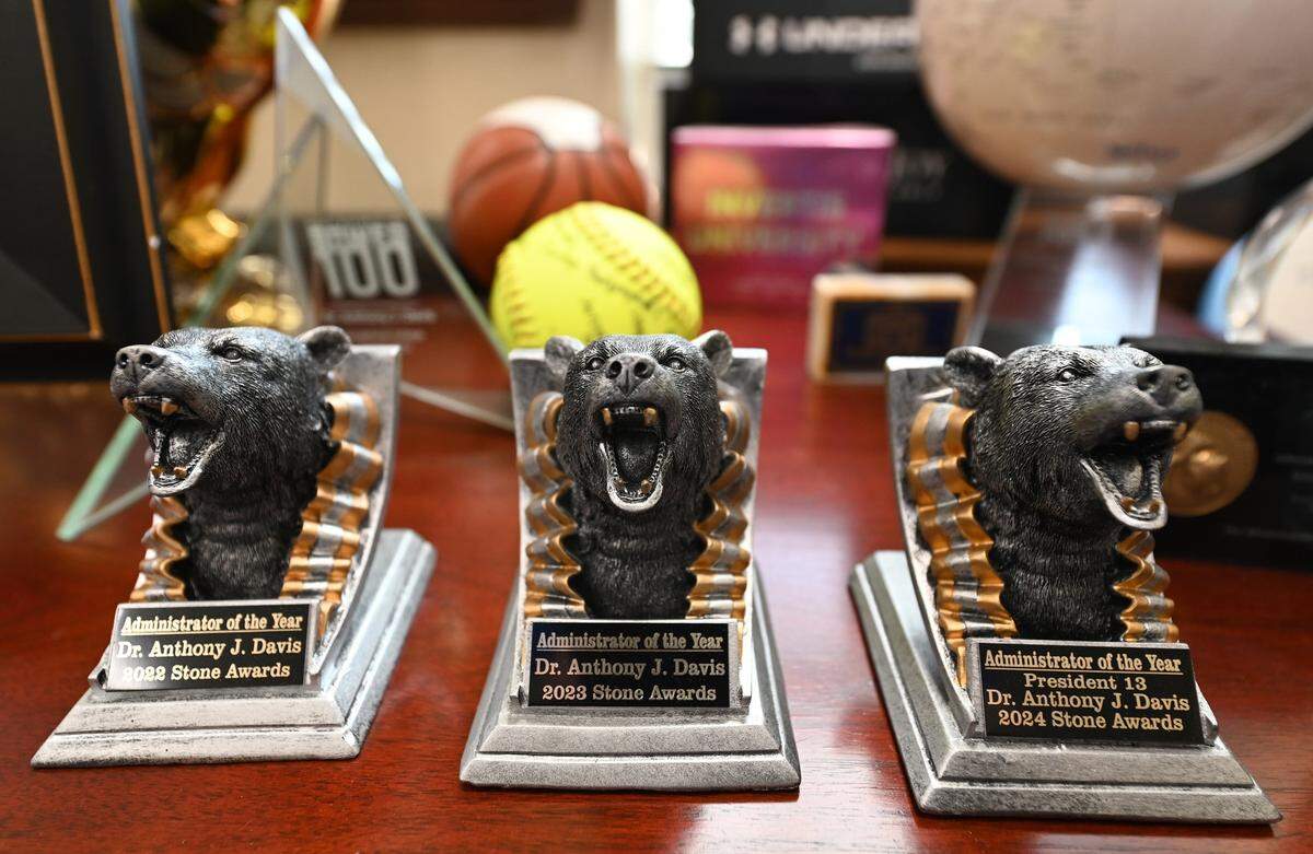 Awards on display on Dr. Anthony J. Davis’s desk in his office at Livingstone College.