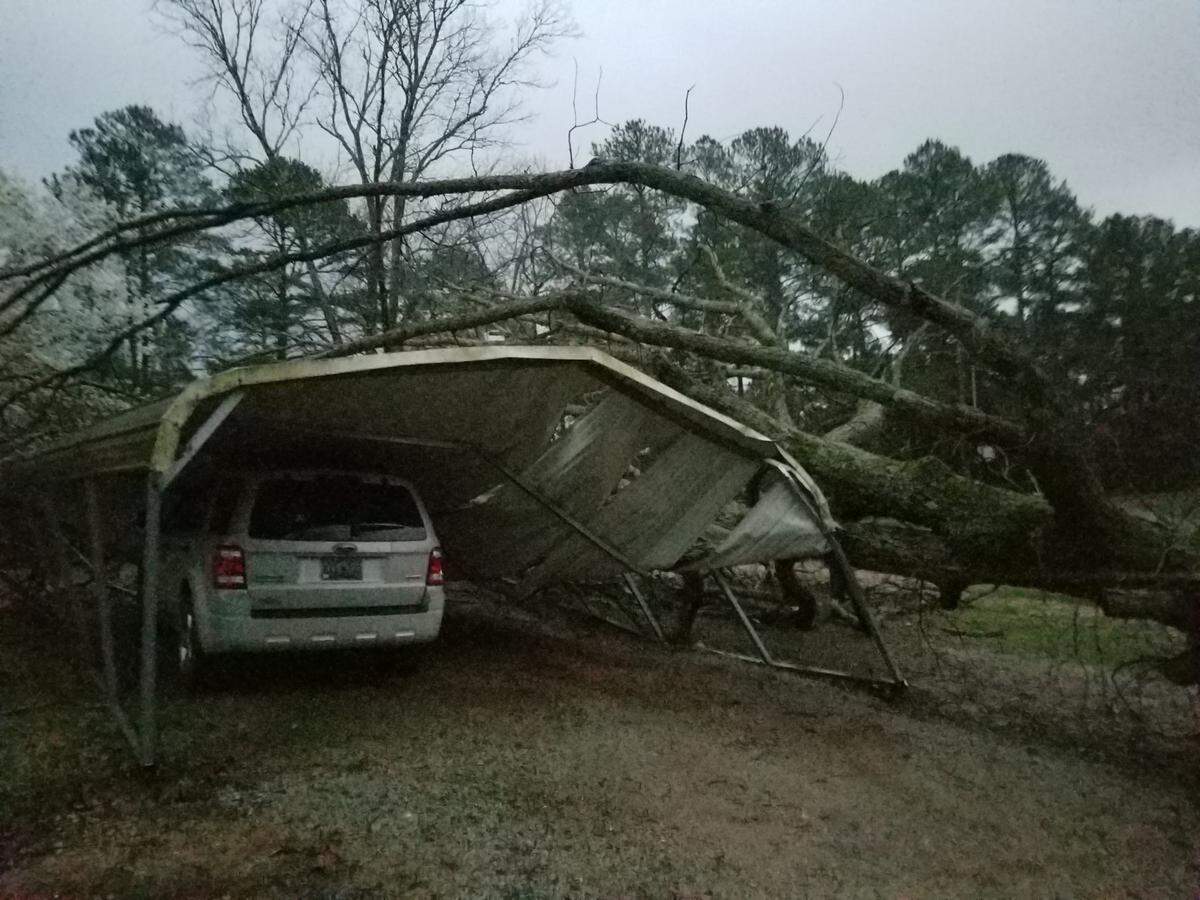 Andy Bagwell of Abbeville, S.C., took this photo of a tree that fell on a carport. Bagwell took the photo three minutes after the tornado cut a nearly 1.7-mile path through the city on Friday night.
