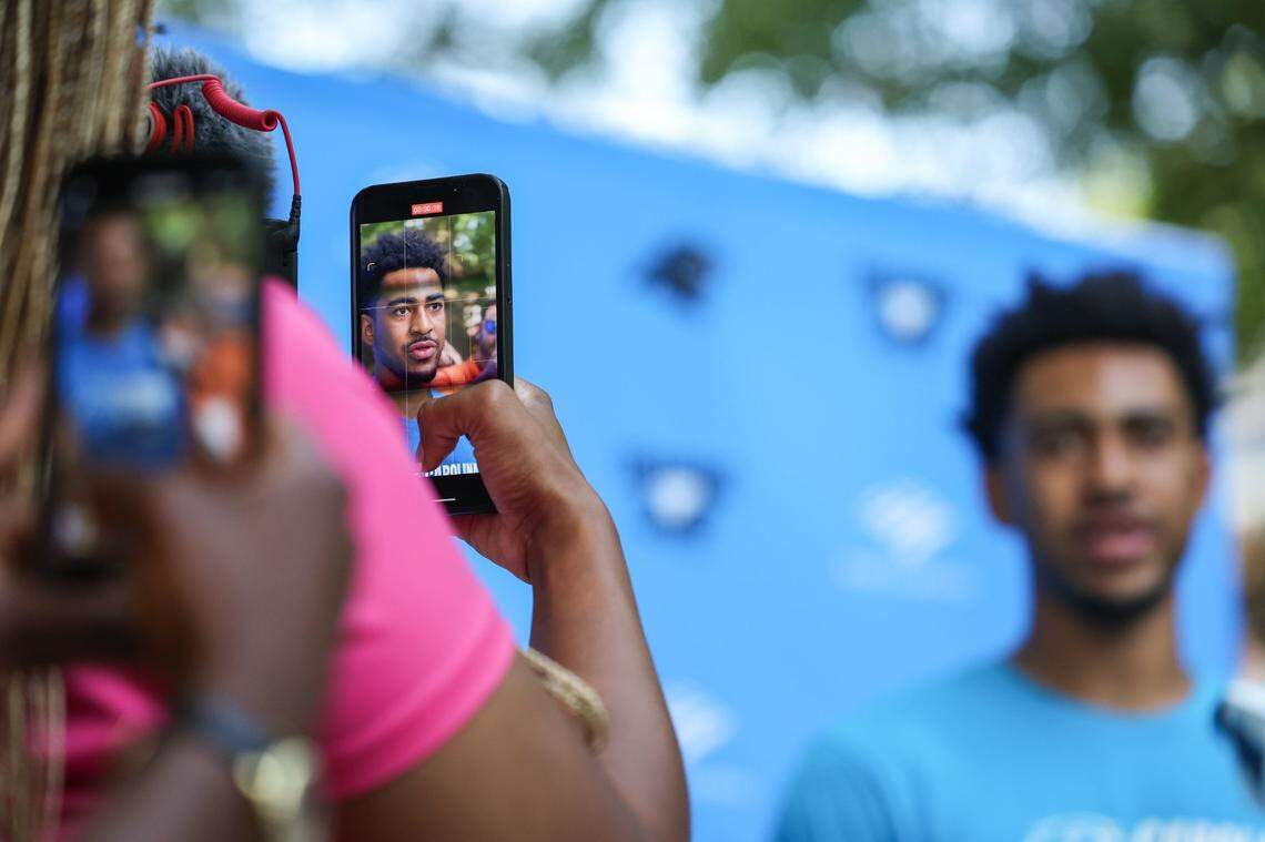 Panthers rookie quarterback Bryce Young speaks to media on player move-in day at Wofford College on Tuesday, July 25, 2023 in Spartanburg, SC.