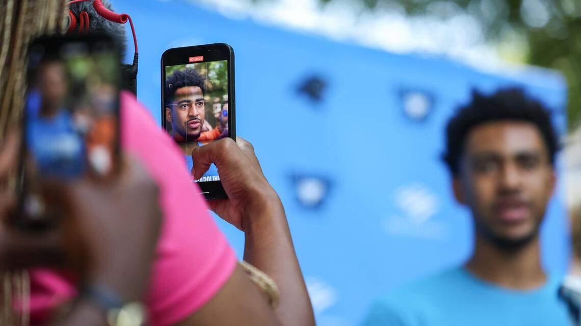 Panthers rookie quarterback Bryce Young speaks to media on player move-in day at Wofford College on Tuesday, July 25, 2023 in Spartanburg, SC.