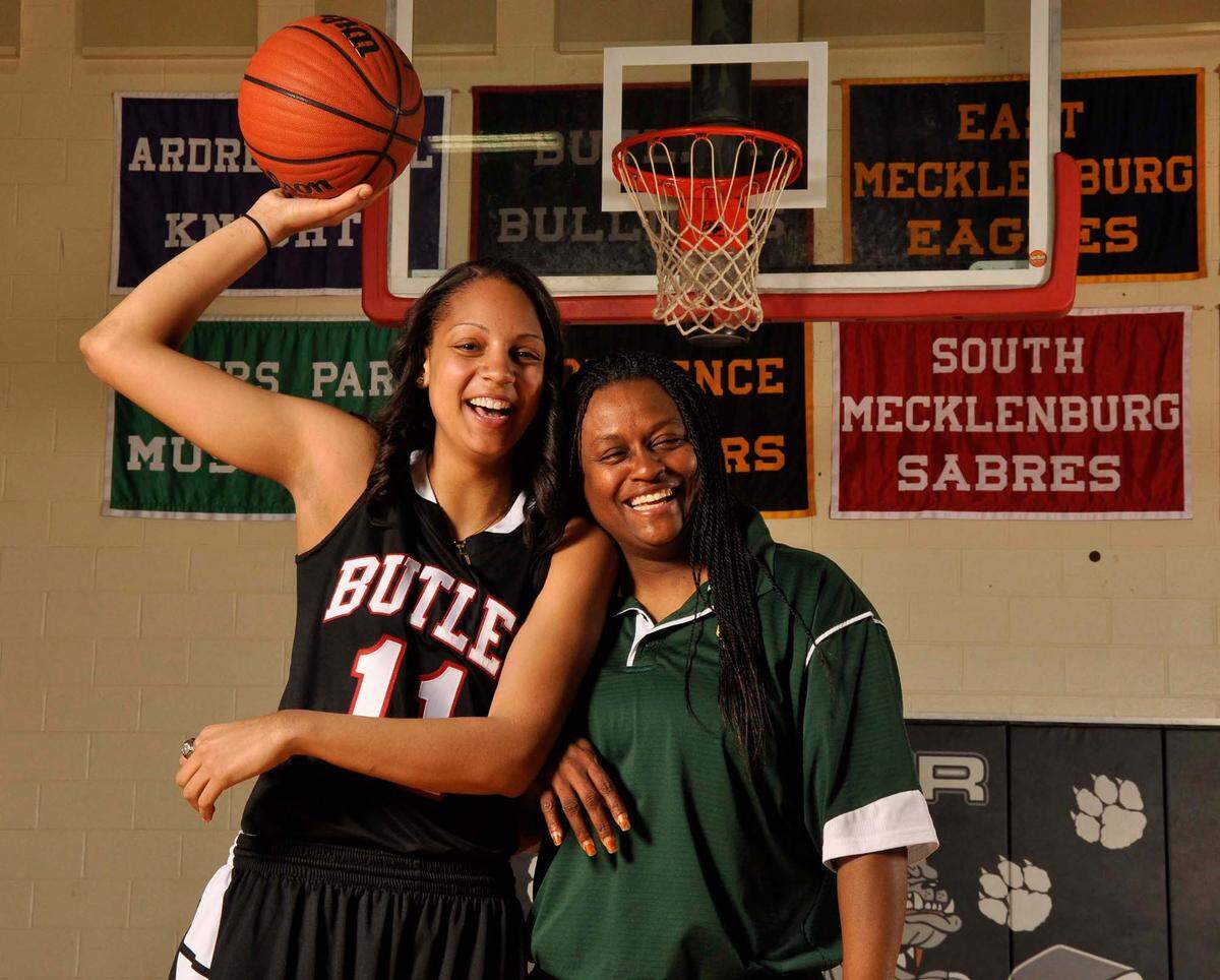 Andrea Stinson, right, said she sees a lot in Butlers Cierra Burdick that reminds her of her playing days at North Mecklenburg High mainly, her willingness to work to succeed. ROBERT LAHSER - rlahser@charlotteobserver.com