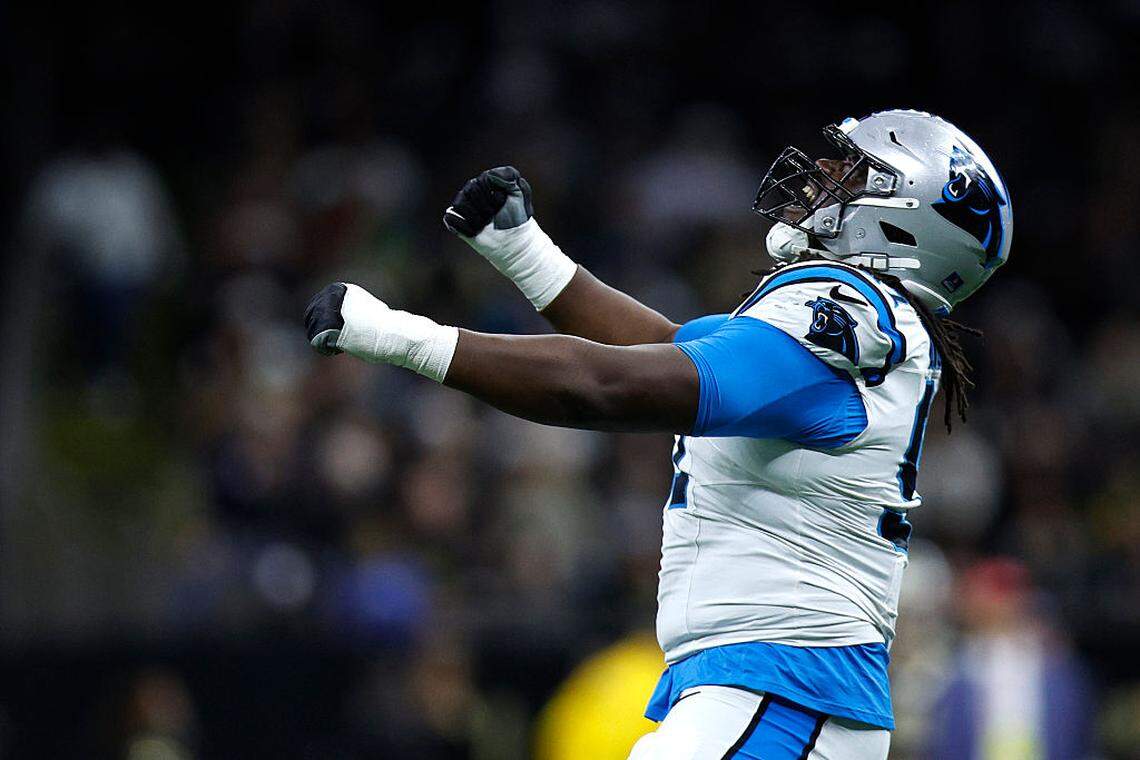 Bobby Brown III of the Carolina Panthers celebrates a sack against the New Orleans Saints at Caesars Superdome on Dec. 14, 2025 in New Orleans, Louisiana.