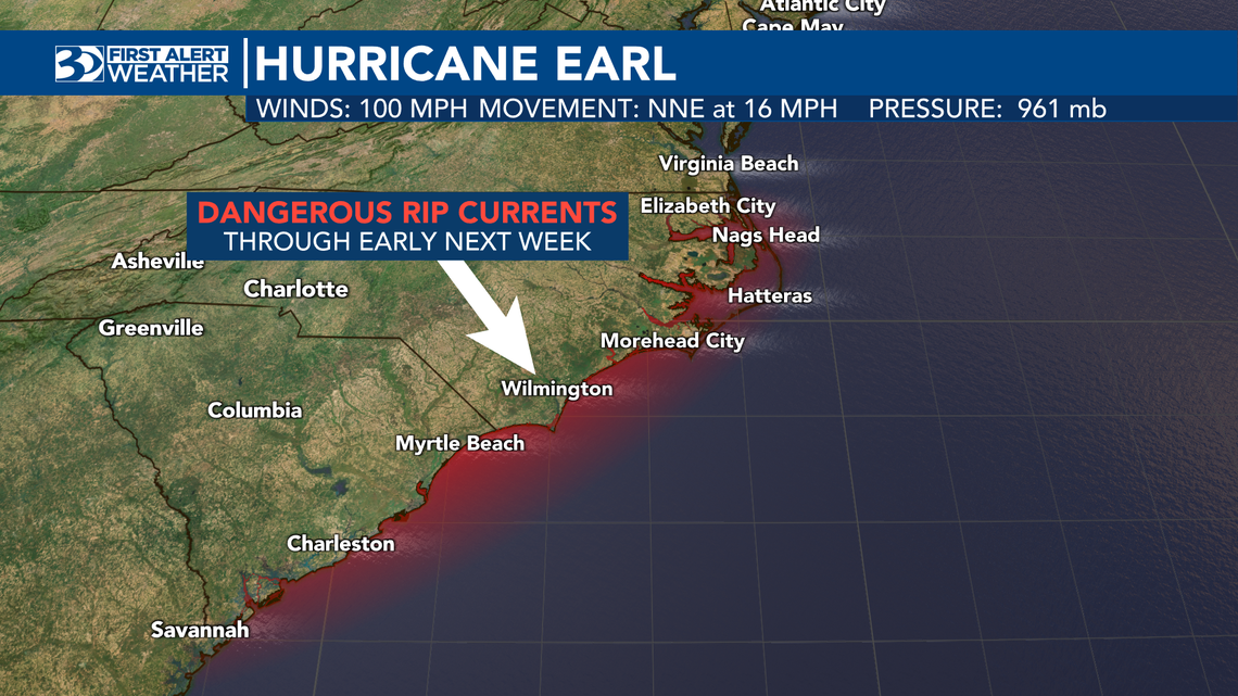 Although Hurricane Earl won’t have a direct impact on the U.S., conditions will likely lead to powerful rip currents along the coast of the Carolinas, forecasters say.