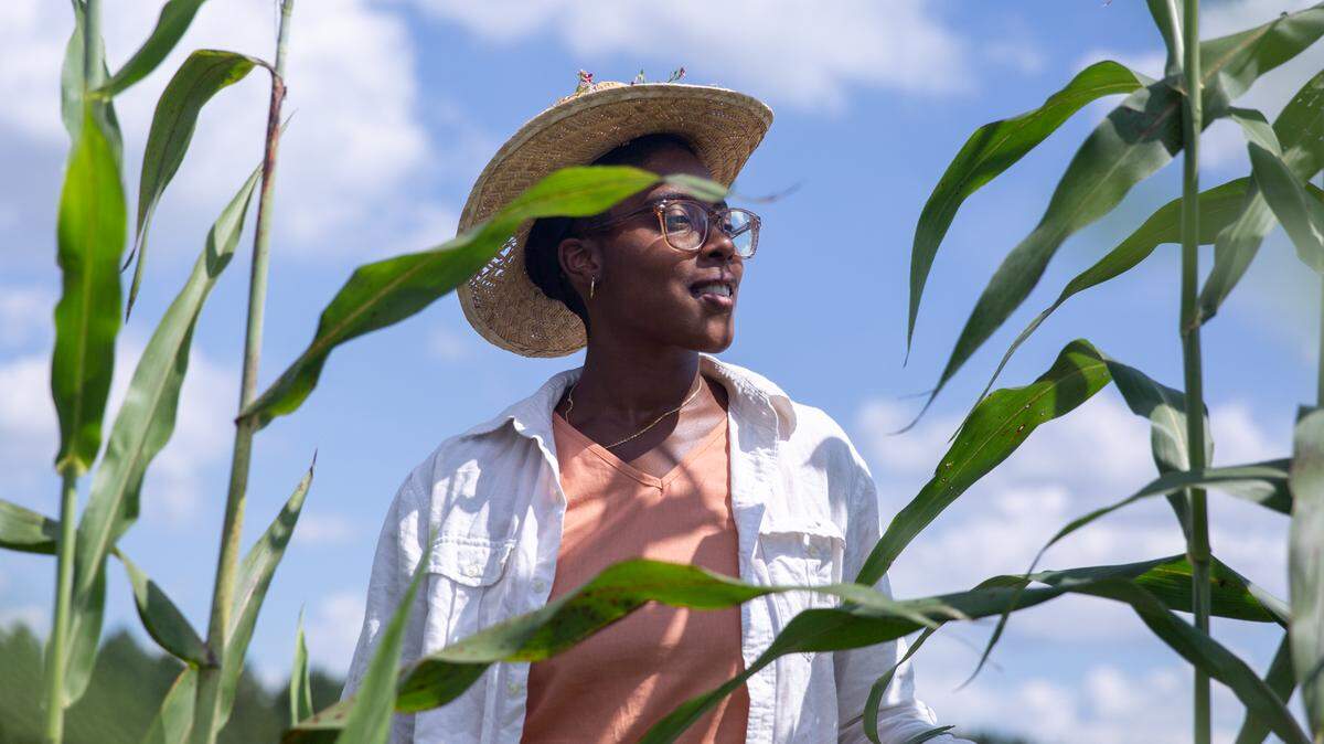 Dallas Robinson poses for a portrait on her Harriet Tubman Freedom Farm in Nash County, N.C., August 30, 2020. Robinson started the farm on her mother’s land with the hopes of connecting to and reclaiming her heritage as well as supporting people’s connections to the land.