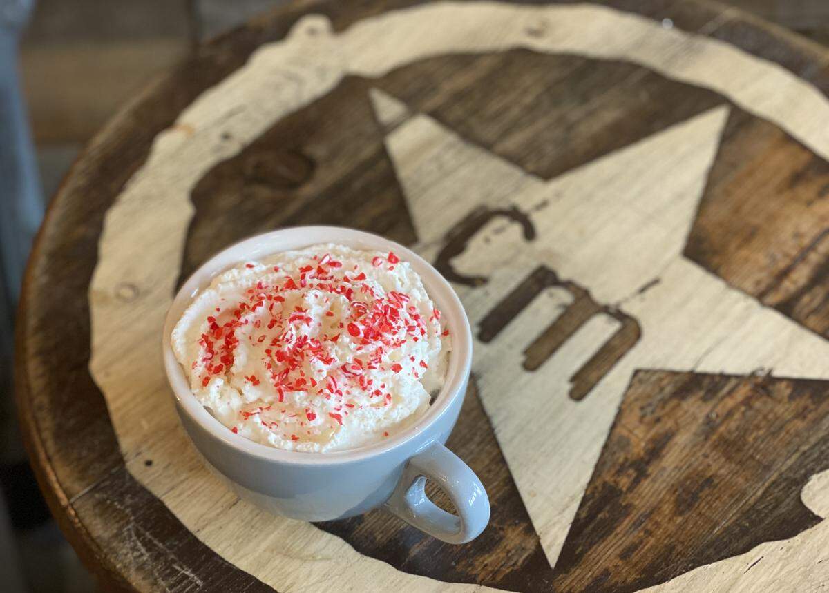 Cafe Moka’s Peppermint Moka has espresso, peppermint, dark chocolate, steamed milk, whipped cream and sprinkled with crushed candy cane.
